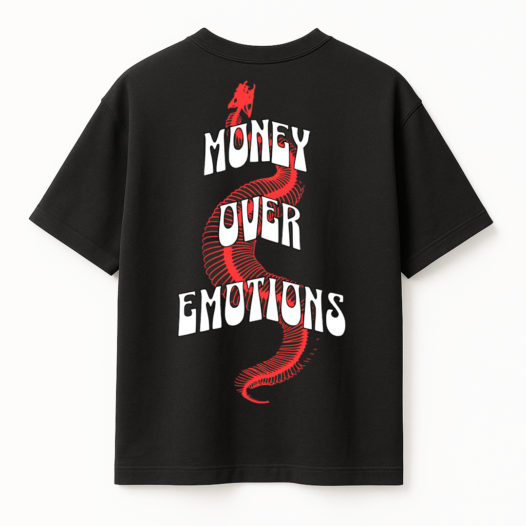 Money over emotions black puff t-shirt