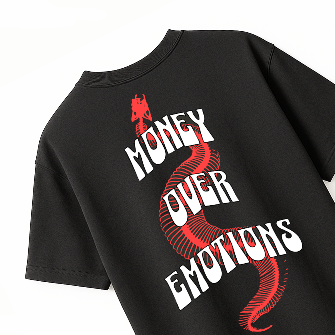 Money over emotions black puff t-shirt